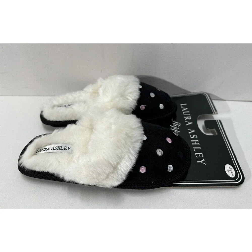 Laura Ashley girl size 1-13 black with polka dots slip on slippers faux fur trim